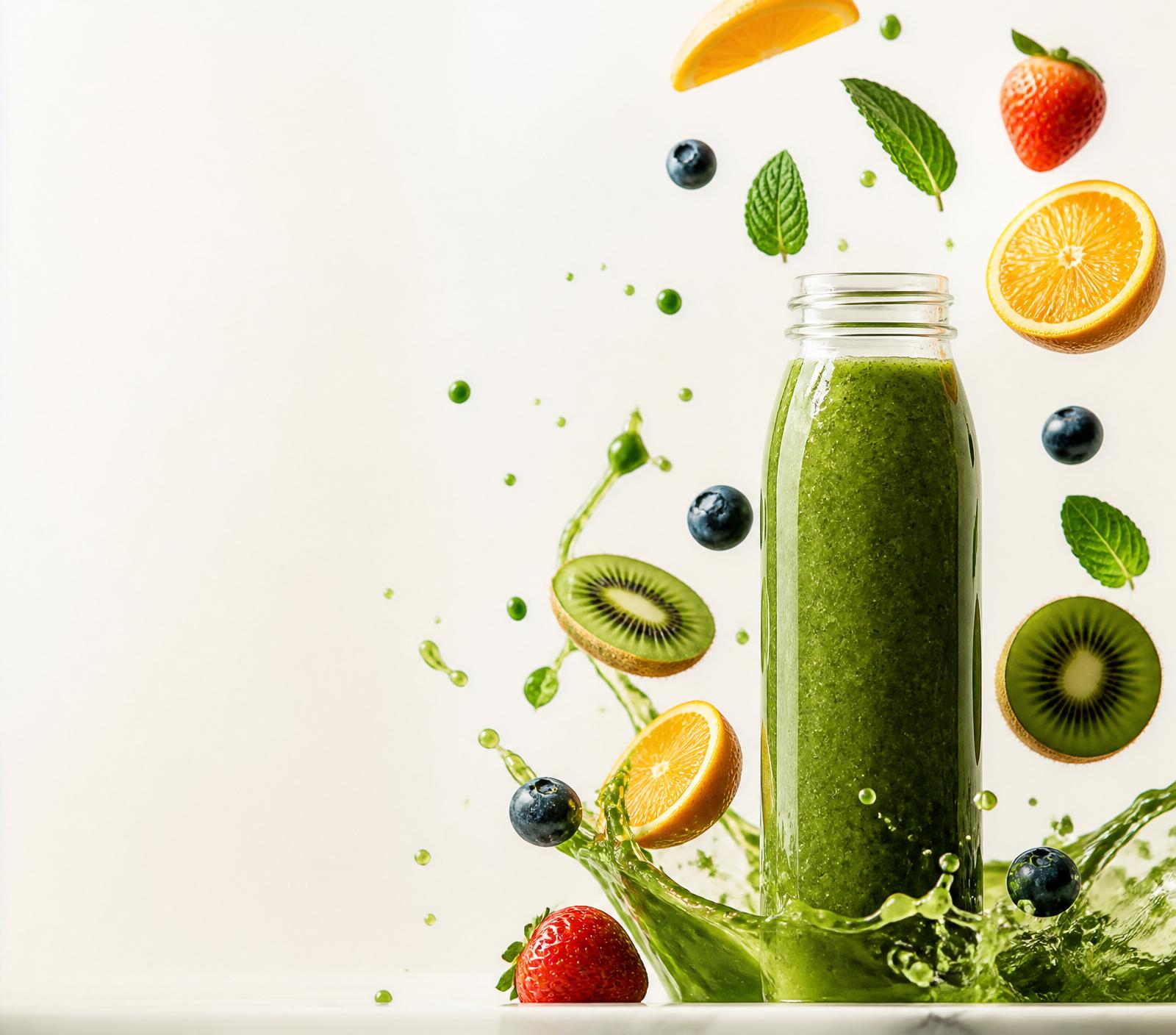 Fresh green smoothie with floating fruits